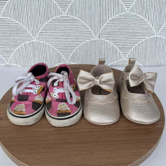 Lucky Brand & Vans Baby Shoe Lot Gold Moc Bow & V Pink Cupcake‎ Sneakers Size 4C - Picture 1 of 16